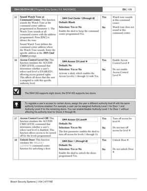 Page 109D9412G/D7412G | Program Entry Guide | 5.0 RADXSKEDEN | 109
Bosch Security Systems | 1/04 | 47775E
S## Cmd Center 1[through 8]
Default: BlankYesWatch tone sounds
at this command
center.
15Sound Watch Tone at
Command Center: This function
sounds the Watch Tone at the
command center address
programmed in Parameter 1. The
Watch Tone sounds at all
command centers with the address
programmed. Press [ESC] to
silence the tone.
Sound Watch Tone defines the
command center address where
the Watch Tone sounds. Enter...