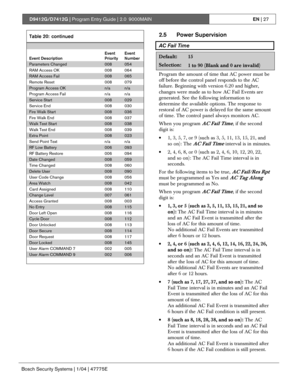 Page 27D9412G/D7412G | Program Entry Guide | 2.0 9000MAINEN | 27
Bosch Security Systems | 1/04 | 47775E
Table 20: continued
Event DescriptionEvent
PriorityEvent
Number
Parameters Changed008054
RAM Access OK 008 064
RAM Access Fail008065
Remote Reset 008 079
Program Access OKn/an/a
Program Access Fail n/a n/a
Service Start008029
Service End 008 030
Fire Walk Start008036
Fire Walk End 008 037
Walk Test Start008038
Walk Test End 008 039
Extra Point008023
Send Point Text n/a n/a
RF Low Battery006093
RF Battery...