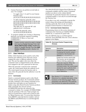 Page 53D9412G/D7412G | Program Entry Guide | 2.0 9000MAINEN | 53
Bosch Security Systems | 1/04 | 47775E
• Custom Functions can perform several tasks at
once. For example:
- To toggle relays 7, 8, and 9 in one Custom
Function enter:
[A] [5] [4] [7] [E] [E] [8] [E] [E] [9] [E] [E] [C]
- To add a temporary passcode, enter:
[A] [5] [6] [3] [0] [E] [E] [9] [8] [7] [E] [E] [D]
[E] [1] [E] [1] [E] [1] [E] [1] [E] [1] [E] [1] [E]
[1] [E] [1] [E] [C]
This adds user 30, passcode 987 with
authority level 1 in all areas.
-...