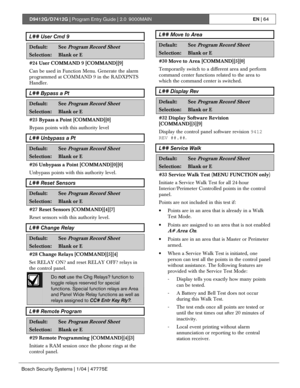 Page 64D9412G/D7412G | Program Entry Guide | 2.0 9000MAINEN | 64
Bosch Security Systems | 1/04 | 47775E
L## User Cmd 9
Default:See Program Record Sheet
Selection:Blank or E
#24 User COMMAND 9 [COMMAND][9]
Can be used in Function Menu. Generate the alarm
programmed at COMMAND 9 in the RADXPNTS
Handler.
L## Bypass a Pt
Default:See Program Record Sheet
Selection:Blank or E
#25 Bypass a Point [COMMAND][0]
Bypass points with this authority level
L## Unbypass a Pt
Default:See Program Record Sheet
Selection:Blank or...