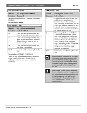 Page 66D9412G/D7412G | Program Entry Guide | 2.0 9000MAINEN | 66
Bosch Security Systems | 1/04 | 47775E
L## Passcode Disarm
Default:See Program Record Sheet
Selection:Blank or E
Disarm an area by entering a passcode and pressing
[ENTER].
Access Control Levels
L## Security Level
Default:See Program Record Sheet
Selection:M, P, D, or Blank
M Users have access rights for this area
when the area is in any armed state.
P Users have access rights for this area
when the area is Perimeter Armed or
disarmed but not...