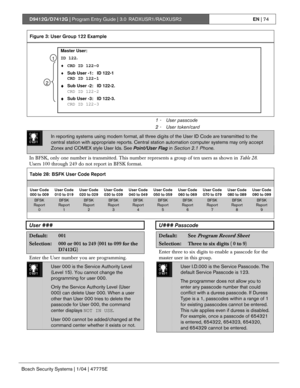 Page 74D9412G/D7412G | Program Entry Guide | 3.0 RADXUSR1/RADXUSR2EN | 74
Bosch Security Systems | 1/04 | 47775E
Figure 3: User Group 122 Example
Master User:
ID 122.
♦CRD ID 122-0
♦Sub User -1:   ID 122-1
CRD ID 122-1
♦Sub User -2:   ID 122-2.
CRD ID 122-2
♦Sub User -3:   ID 122-3.
CRD ID 122-3
2
1
1 - User passcode
2 - User token/card
0101
0101
0101In reporting systems using modem format, all three digits of the User ID Code are transmitted to the
central station with appropriate reports. Central station...