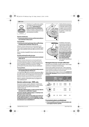 Page 127128 | Polski 
1 609 92A 2C6 | (21.10.16)Bosch Power Tools
W kołnierzu 7, w podtoczeniu znajduje 
się okrągły pierścień uszczelniający 
(tzw. o-ring). Jeżeli brakuje tej 
uszczelki, lub jest ona uszkodzona, 
kołnierz mocujący 7 należy koniecznie 
wymienić przed przystąpieniem do dal-
szej eksploatacji narzędzia.
Ściernica wachlarzowa
Do pracy przy użyciu ściernicy wachlarzowej należy za-
wsze montować osłonę rąk 18.
Tarcza gumowa
Do pracy przy użyciu gumowego talerza szlifierskiego 
20 należy zawsze...