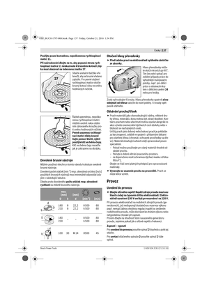 Page 136 Česky | 137
Bosch Power Tools1 609 92A 2C6 | (21.10.16)
Použijte pouze bezvadnou, nepoškozenou rychloupínací 
matici 11.
Při našroubování dbejte na to, aby popsaná strana rych-
loupínací matice 11 neukazovala k brusnému kotouči; šip-
ka musí ukazovat na indexovou značku 27.
Stlačte aretační tlačítko vře-
tene 1, aby se brusné vřeteno 
zajistilo. Pro pevné utažení 
rychloupínací matice otočte 
brusný kotouč silou ve směru 
hodinových ručiček.
Řádně upevněnou, nepoško-
zenou rychloupínací matici 
můžete...