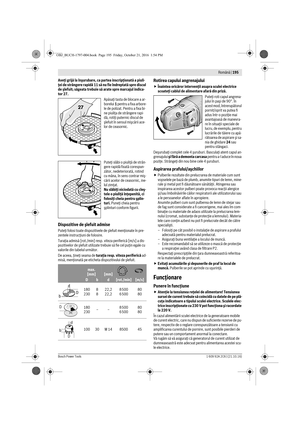 Page 194 Română | 195
Bosch Power Tools1 609 92A 2C6 | (21.10.16)
Aveţi grijă la înşurubare, ca partea inscripţionată a piuli-
ţei de strângere rapidă 11 să nu fie îndreptată spre discul 
de şlefuit; săgeata trebuie să arate spre marcajul indica-
tor 27.
Apăsaţi tasta de blocare a ar-
borelui 1 pentru a fixa arbore-
le de polizat. Pentru a fixa bi-
ne piuliţa de strângere rapi-
dă, rotiţi puternic discul de 
şlefuit în sensul mişcării ace-
lor de ceasornic.
Puteţi slăbi o piuliţă de strân-
gere rapidă fixată...