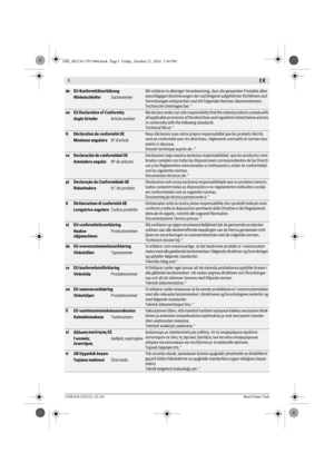 Page 289I
1 609 92A 2C6 | (21.10.16)Bosch Power Tools
deEU-KonformitätserklärungWir erklären in alleiniger Verantwortung, dass die genannten Produkte allen 
einschlägigen Bestimmungen der nachfolgend aufgeführten Richtlinien und 
Verordnungen entsprechen und mit folgenden Normen übereinstimmen.
Technische Unterlagen bei: *
WinkelschleiferSachnummer
enEU Declaration of ConformityWe declare under our sole responsibility that the stated products comply with 
all applicable provisions of the directives and...