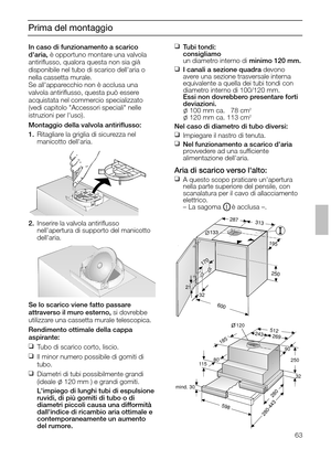 Page 63Prima del montaggio
In caso di funzionamento a scarico 
daria, è opportuno montare una valvola
antiriﬂusso, qualora questa non sia già 
disponibile nel tubo di scarico dellaria o
nella cassetta murale.
Se allapparecchio non è acclusa una 
valvola antiriﬂusso, questa può essere
acquistata nel commercio specializzato
(vedi capitolo Accessori speciali nelle
istruzioni per luso).
Montaggio della valvola antiriﬂusso:
1.Ritagliare la griglia di sicurezza nel 
manicotto dellaria.
2.Inserire la valvola...