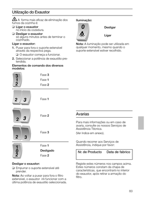 Page 8383
A  forma mais eﬁcaz de eliminação dos
fumos da cozinha é:
❑Ligar o exaustor
no início da cozedura.
❑Desligar o exaustor
só alguns minutos antes de terminar o
cozinhado.
Ligar o exaustor:
1.Puxar para fora o suporte extensível
através da respectiva pega.
❑O exaustor começa a funcionar.
2.Seleccionar a potência de exaustão pre-
tendida.
Elementos de comando dos diversos
modelos:
Utilização do Exaustor
Iluminação:
Nota:A iluminação pode ser utilizada em
qualquer momento, mesmo quando o
suporte...