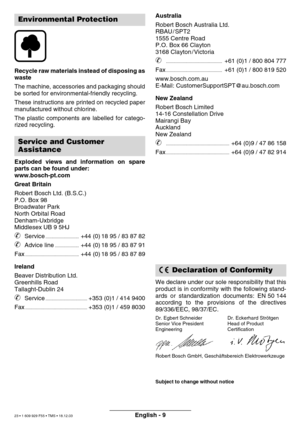 Page 22English - 9
Recycle raw materials instead of disposing as 
waste 
The machine, accessories and packaging should 
be sorted for environmental-friendly recycling. 
These instructions are printed on recycled paper 
manufactured without chlorine. 
The plastic components are labelled for catego- 
rized recycling. 
Exploded views and information on spare 
parts can be found under:
www.bosch-pt.com 
Great Britain
Robert Bosch Ltd. (B.S.C.) 
P.O. Box 98
Broadwater Park
North Orbital Road
Denham-Uxbridge...