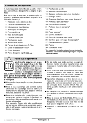 Page 43Português - 2
A numera ção dos elementos do aparelho refere-
se  à apresenta ção do aparelho na p ágina de gr á-
ficos. 
Por favor abra a aba com a apresenta ção do
aparelho, e deixe a p ágina aberta enquanto ler a
instru ção de servi ço.
 1 Rosca do punho adicional (3x)
 2 Tecla de travamento de veio
 3 Interruptor de ligar / desligar
 4 Atenua ção de vibra ções
 5 Punho adicional
 6 Veio de rectifica ção
 7 Capa de protec ção
 8 Parafuso de ajuste
 9 Alavanca de aperto
 10 Flange de admiss ão com...