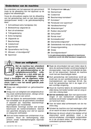 Page 61Nederlands - 2
De onderdelen van het apparaat zijn genummerd 
zoals op de afbeelding van het apparaat op de
pagina met afbeeldingen. 
Vouw de uitvouwbare pagina met de afbeelding 
van het gereedschap open en laat deze pagina
opengevouwen terwijl u de gebruiksaanwijzing
leest. 1 Schroefdraad extra handgreep (3x)
 2 Blokkeerknop uitgaande as
 3 Aan / uit-schakelaar
 4 Trillingsdemping
 5 Extra handgreep
 6 Uitgaande as
 7 Beschermkap
 8 Instelschroef
 9 Spanhendel
 10 Opnameflens met O-ring
 11 Afbraam- of...