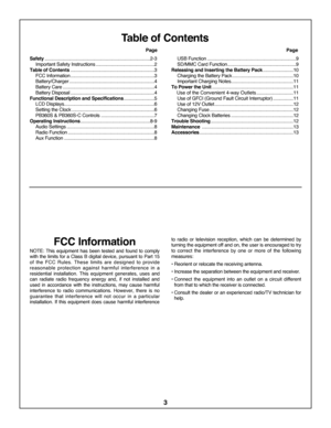Page 33
Table of Contents
Safety...................................................................................2\b3
Important Safety Instructions ..............................................2
Table of Contents ..................................................................3
FCC Information ..................................................................3
Battery/Charger ...................................................................4
Battery Care...