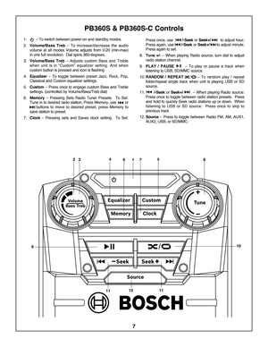 Page 77
\f. – To switch between power\bon and standby modes. 
2. Volume/Bass  Treb –  To  increase/decrease  the  audio
volume  at  all  modes  Volume  adjusts  from  0\b20  (min\bmax)
in one full revolution.  Dial spins 360\bdegrees.
3. Volume/Bass  Treb –  Adjusts  custom  Bass  and  Treble
when  unit  is  in  “Custom”  equalizer  setting.  And  when
custom button is pressed and icon is flashing
4. Equalizer –  To  toggle  between  preset  Jazz,  Rock,  Pop,
Classical and Custom equalizer settings.
5. Custom...