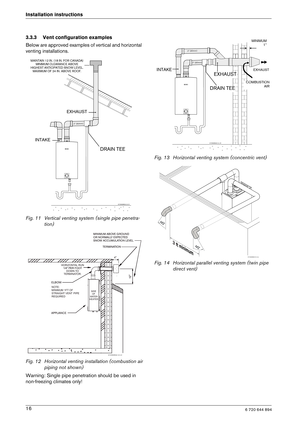 Page 166 720 644 89416
Installation instructions 
3.3.3 Vent configuration examples 
Below are approved examples of vertical and horizon
tal 
venting installations. 
Fig. 11 Vertical venting system (single pipe penetra -
tion)
Fig. 12 Horizontal venting installation (combustion  air
piping not shown)
Warning: Single pipe penetration should be used in  
non-freezing climates only! Fig. 13 Horizontal venting system (concentric vent) 
Fig. 14 Horizontal parallel venting system (twin pip
e 
direct vent)...