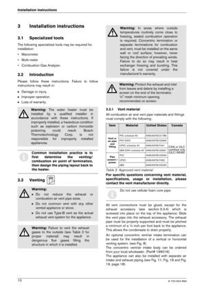 Page 106 720 644 89410
Installation instructions
3 Installation instructions
3.1 Specialized tools
The following specialized tools may be required for
 
installation: 
• Manometer 
• Multi-meter 
• Combustion Gas Analyzer.
3.2 Introduction
Please  follow  these  instructions.  Failure  to  follow 
instructions may result in: B Damage or injury.
B Improper operation.
B Loss of warranty.
3.3 Venting 
3.3.1 Vent material 
All combustion air and vent pipe materials and fitt ings 
must comply with the following:...