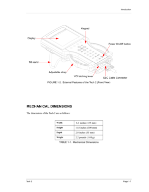 Page 17Introduction
Te c h  2Page 1-7
MECHANICAL DIMENSIONS 
The dimensions of the Tech 2 are as follows:
Width 6.1 inches (155 mm) 
Height11.8 inches (300 mm)
Depth2.0 inches (55 mm)
We i g h t2.2 pounds (1.0 kg)
TABLE 1-1.  Mechanical Dimensions
FIGURE 1-2. External Features of the Tech 2 (Front View)Keypad
Power On/Off button
DLC Cable Connector Adjustable strap Tilt stand Display
VCI latching lever 