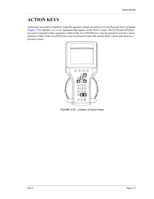 Page 35Getting Started
Te c h  2Page 3-13
ACTION KEYS 
Action keys are used to respond to a specific question, initiate an action, or to exit from the Tech 2 program 
(Figure 3-20). Specific yes or no questions often appear on the Tech 2 screen. The [YES] and [NO] keys 
are used to respond to these questions. Either of the two [ENTER] keys may be pressed to activate a menu 
selection. Either of the two [EXIT] keys may be pressed to leave the current Tech 2 screen and return to a 
previous screen. 
FIGURE 3-20....