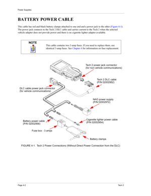Page 44Power Supplies
Page 4-2Te c h  2
BATTERY POWER CABLE 
This cable has red and black battery clamps attached to one end and a power jack to the other (Figure 4-1). 
The power jack connects to the Tech 2 DLC cable and carries current to the Tech 2 when the selected 
vehicle adapter does not provide power and there is no cigarette lighter adapter available.
NOTE
This cable contains two 3-amp fuses. If you need to replace them, use 
identical 3-amp fuses. See Chapter 6 for information on fuse replacement....