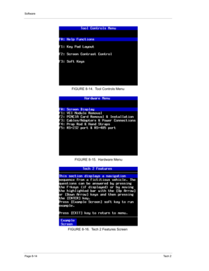 Page 94Software
Page 8-14Te c h  2
FIGURE 8-14. Tool Controls Menu
FIGURE 8-15. Hardware Menu
FIGURE 8-16. Tech 2 Features Screen 