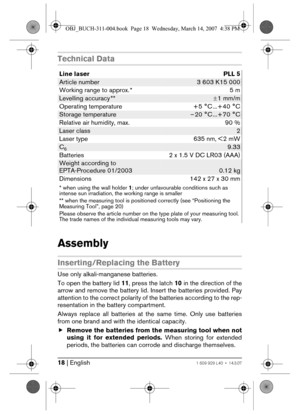 Page 1818 | English1 609 929 L40 • 14.3.07
Technical Data
Assembly
Inserting/Replacing the Battery
Use only alkali-manganese batteries.
To open the battery lid 11, press the latch 10 in the direction of the
arrow and remove the battery lid. Insert the batteries provided. Pay
attention to the correct polarity of the batteries according to the rep-
resentation in the battery compartment.
Always replace all batteries at the same time. Only use batteries
from one brand and with the identical capacity.
fRemove the...