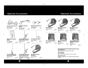 Page 18You Can Find These Fine Accessories At Your Local 
Cobra CB Dealer
If you wish,you can order directly from Cobra.
Order by phone
Call 1.773.889.3087 
(Press 1 from the main menu) 8 a.m.-8 p.m.M-F CST.
Order by mail or fax
Please fill out order form on next page,and mail/fax directly 
to Cobra.Optional Accessories Optional Accessories3534Dynamic External Speaker
For in vehicle use
CS 100$14.95Noise Canceling External
Speaker
For in vehicle use
CS 300$19.95Dynamic Noise Canceling
With Talk Back External...