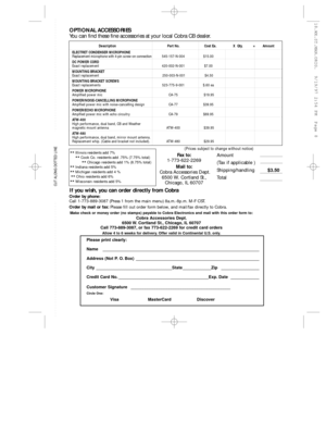 Page 8ELECTRET CONDENSER MICROPHONE Replacement microphone with 4-pin screw-on connection545-157-N-004$15.00
DC POWER CORD
Exact replacement420-002-N-001$7.00
MOUNTING BRACKET
Exact replacement 250-003-N-001$4.50
MOUNTING BRACKET SCREWS
Exact replacements523-775-9-001$.60 ea
POWER MICROPHONE
Amplified power micCA-75$19.95
POWER/NOISE-CANCELLING MICROPHONE
Amplfied power mic with noise-cancelling designCA-77$39.95
POWER/ECHO MICROPHONE
Amplfied power mic with echo circuitryCA-79$69.95
ATW-400
High performance,...