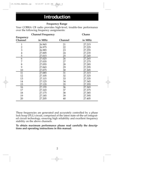 Page 6Frequency Range
Your COBRACB radio provides high-level, trouble-free performance
over the following frequency assignments:
Channel FrequencyChann
Frequency
Channelin MHzChannelin MHz
126.9652127.215
226.9752227.225
326.9852327.255
427.0052427.235
527.0152527.245
627.0252627.265
727.0352727.275
827.0552827.285
927.0652927.295
1027.0753027.305
1127.0853127.315
1227.1053227.325
1327.1153327.335
1427.1253427.345
1527.1353527.355
1627.1553627.365
1727.1653727.375
1827.1753827.385
1927.1853927.395...