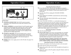 Page 7B. Rear Panel1.
ANTENNA CONNECTOR:This SO-239 connector permits
connection of the transmission line cable male connector to the
transceiver.
2.
PUBLIC ADDRESS:An external 8-ohm 4.0 watt PA speaker may be
connected to the PA Speaker Jack when this unit is used as a public
address system. The speaker should be directed away from the 
microphone to prevent acoustic feed-back. Physical separation or
isolation of the microphone and speaker must be employed when
operating the PA at high output levels.
3....