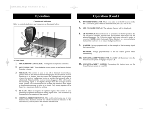 Page 6Operation (Cont.)
9 6.RX/TX LEDINDICATOR.When your radio is in the CB receive mode,
the LED will be green. When in transmit mode, the LED will be red.
7.LED CHANNELDISPLAY.The selected channel will be displayed. 
8.CB-PASWITCH:Selects the mode of operation. In the CB position, the
PAfunction is disabled and the unit will transmit and receive on the
selected frequency.The PAfunction should not be used unless a PAspeaker is
connected. NOTE: ANL(Automatic Noise Limiter) is a non-switchable
feature that is...