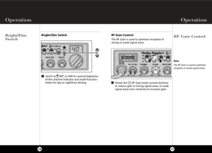 Page 11Operation Operation
1716
RF Gain Control Bright/Dim
SwitchRF Gain Control
The RF Gain is used to optimize reception in
strong or weak signal areas.
Bright/Dim Switch
Note
The RF Gain is used to optimize
reception in weak signal areas.
Switch to     BRT or DIM to control brightness
of the channel indicator and multi-function
meter for day or nighttime driving.
Rotatethe       RF Gain knob counterclockwise
to reduce gain in strong signal areas. In weak 
signal areas turn clockwiseto increase gain.1
1 