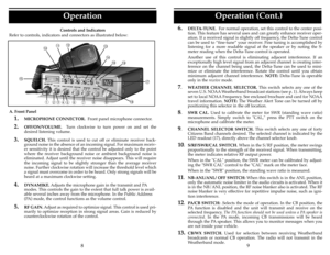 Page 6Operation (Cont.)
9
6.
DELTA-TUNE.For normal operation, set this control to the center posi-
tion. This feature has several uses and can greatly enhance receiver oper-
ation. If a received signal is slightly off frequency, the Delta-Tune control
can be used to Òfine-tuneÓ your receiver. Fine tuning is accomplished by
listening for a more readable signal at the speaker or by noting the S-
meter reading when the Delta-Tune control is operated.
Another use of this control is eliminating adjacent...