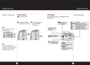 Page 7Operation Operation
LCD Display
7
Note
For quick advance, push and 
hold arrow key(s).
6
Select Channel
PWR SAVE WX
SCAN DW EMGFUNC
40SIGNAL 
POWER 
Function Key 
Indicator
SoundTracker 
System™ iconSIGNAL
Incoming Strength of
Signal Meter
POWER
Outgoing Transmission 
Power Meter
2 Digit Channel 
Display
Battery Capacity
Level Indicator 
FUNCLock Key
Battery Save Indicator
Weather Mode Indicator
Scan Mode Indicator
Dual Watch Indicator
Emergency Channel 9
PWR SAVE
WX
SCAN
DW
EMG
LCD Display
All needed...