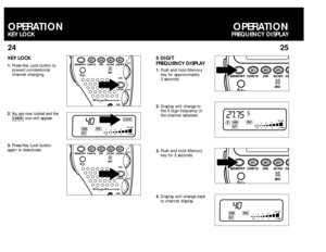 Page 1325
KEYLOCK1.Press Key Lock button to
prevent unintentional 
channel changing.
2.You are now locked and the
icon will appear.
3.Press Key Lock button
again to deactivate.
LOCK
40
1359+30  SIG
0.51234  PWR
LOCK
AMRX
ST
OPERATIONFREQUENCY DISPLAY
24
5 DIGIT
FREQUENCYDISPLAY1.Push and hold Memory
key for approximately 
3 seconds. 
2.Display will change to
the 5 digit frequency of
the channel selected.
3.Push and hold Memory
key for 3 seconds.
4.Display will change back
to channel display.
27.75
5
F
1359+30...