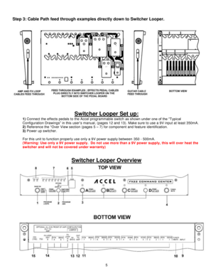 Page 55 
 
 
 
 
 
Step 3: Cable Path feed through examples directly down to Switcher Looper. 
 
 
  
 
 
Switcher Looper Set up: 
1) Connect the effects pedals to the Accel programmable switch as shown under one of the “Typical 
Configuration Drawings” in this user’s manual, (pages 12 and 13). Make sure to use a 9V input at least 350mA.    
2) Reference the “Over View section (pages 5 – 7) for component and feature identification. 
3) Power up switcher.  
     
For this unit to function properly use only a 9V...