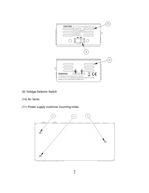 Page 8 
 
 
 
(9) Voltage Selector Switch  
 
(10) Air Vents 
 
(11) Power supply customer mounting holes  
 
 
 
 
7  