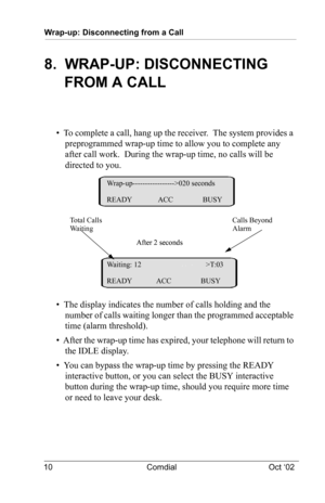 Page 14Wrap-up: Disconnecting from a Call
10 Comdial Oct ‘02
8.  WRAP-UP: DISCONNECTING 
FROM A CALL
•  To complete a call, hang up the receiver.  The system provides a 
preprogrammed wrap-up time to allow you to complete any 
after call work. 
 During the wrap-up time, no calls will be 
directed to you.
•  The display indicates the number of calls holding and the 
number of calls waiting longer than the programmed acceptable 
time (alarm threshold).
•  After the wrap-up time has expired, your telephone will...