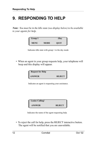 Page 16Responding To Help
12 Comdial Oct ‘02
9.  RESPONDING TO HELP
Note:  You must be in the Idle state (see display below) to be available 
to your agents for help.
•  When an agent in your group requests help, your telephone will 
beep and this display will appear.
•  To reject the call for help, press the REJECT interactive button.  
The agent will be notified that you are unavailable.
Group 1                                     :Day
MENU           MODE            QUIT
Indicates Idle state with group 1 in...