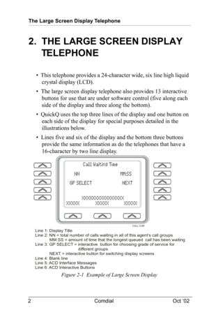 Page 6The Large Screen Display Telephone
2 Comdial Oct ‘02
2.  THE LARGE SCREEN DISPLAY 
TELEPHONE
•  This telephone provides a 24-character wide, six line high liquid 
crystal display (LCD).
•  The large screen display telephone also provides 13 interactive 
buttons for use that are under software control (five along each 
side of the display and three along the bottom).
•  QuickQ uses the top three lines of the display and one button on 
each side of the display for special purposes detailed in the...