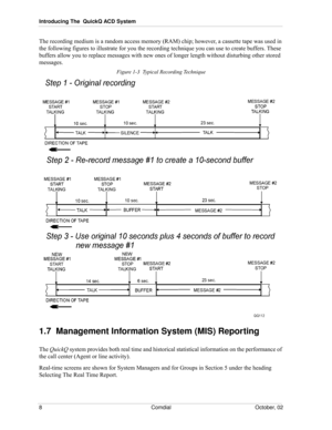 Page 16Introducing The  QuickQ ACD System
8 Comdial October, 02
The recording medium is a random access memory (RAM) chip; however, a cassette tape was used in 
the following figures to illustrate for you the recording technique you can use to create buffers. These 
buffers allow you to replace messages with new ones of longer length without disturbing other stored 
messages.
Figure 1-3  Typical Recording Technique
1.7  Management Information System (MIS) Reporting
The QuickQ system provides both real time and...