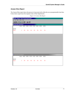 Page 79October, 02 Comdial 71
QuickQ System Manager’s Guide
Answer Bins Report
The Answer Bins report shows the percent of answered calls within the seven programmable time bins. 
It also shows supervisors the response rates of their departments.
Figure 1-16  Answer Bin Report 