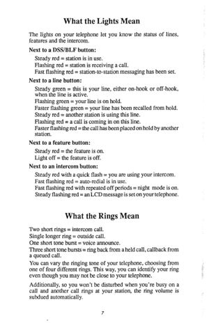 Page 11What the Lights Mean 
The lights on your telephone let you know the status of lines, 
features and the intercom. 
Next to a DSS/BLF button: 
Steady red = station is in use. 
Flashing red = station is receiving a call. 
Fast flashing red = station-to-station messaging has been set. 
Next to a line button: 
Steady green = this is your line, either on-hook or off-hook, 
when the line is active. 
Flashing green = your line is on hold. 
Faster flashing green = your line has been recalled from hold. 
Steady...
