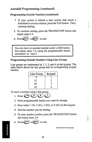 Page 31Autodial Programming (continued) 
Programming Outside Numbers (continued) 
l If your system is behind a host system that needs a 
hookflash to access a feature, press the TAP button. Then, 
continue dialing. 
5. To continue storing, press the TRANWCONP button and 
repeat steps 2-4. 
6. Press@ o@ to end. 
You can store an autodial number under a DSS button. 
Just repeat steps l-6, using the programmable button 
mentioned in step 2. 
Programming Outside Numbers Using Line Groups 
Line groups are...