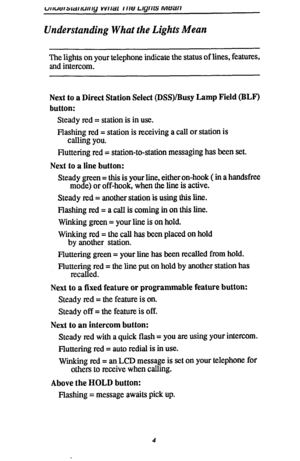 Page 11UIIUGI~L~IIUIII~ VVII~I IIIB ugnrs Mean 
Understanding What the Lights Mean 
The lights on your telephone indicate the status of lines, features, 
and intercom. 
Next to a Direct Station Select (DSS)/Busy Lamp Field (BLF) 
button: 
Steady red = station is in use. 
F%3shing ted = station is receiving a call or station is 
calling you. 
Fluttering red = station-to-station messaging has been set. 
Next to a line button: 
Steady green = this is your line, either on-hook ( in a handsfree 
mode) or off-hook,...