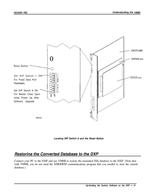 Page 24GCA40-182Understanding the VMMI0
Reset Button --0Set DIP Switch 1 ON-
-uln 1ri4Jm 2For Fixed Data Port4x 3
Parameters.Kull 4
Set DIP Switch 8 ON 
-+----.For Master Clear Upon
Initial Power Up After
g%Software Upgrade.
OXPO25Locating DIP Switch 8 and the Reset Button
Restorina the Converted Database to the DXP
- DXCPU-68K
/ DXRAM-xxx
/DXSW-xxxConnect your PC to the DXP and use VMMI to restore the translated 
10A database to the DXP. (Note that
with VMMI, you do not need the XMODEM communications program...