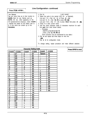 Page 109IMl66-107System ProgrammingLine Configuration 
- continued
Press 
ITCM ++#746%.
.ine Names
‘ou can name lines as to their function to
dentify them for use. Names such as
VATS, CO, etc., when appearing on the
CD speakerphone displays, make 
locatin!
t desired line easier for the station user to
lo. A line name can contain up to five
:haracters.
1. Dial 34.“LINE NAME”
2. Select line ports to be named (LED On 
= Selected).
Line port 1-14 = Dial 
01 - 14 or Press Al - Al4
Line port 15, 16 = Dial 15,16 or...