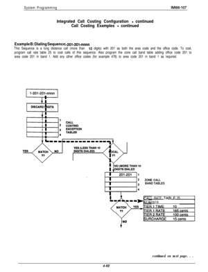 Page 153System ProgrammingIMl66-107
Integrated Call Costing Configuration - continued
Call Costing Examples 
- continued
Example B: Dialing Sequence 1.201.201.nnnn
This Sequence is a long distance call (more than 10 digits) with 201 as both the area code and the office code. To cost,
program call rate table 25 to cost calls of this sequence. Also program the zone call band table adding office code 201 to
area code 201 in band 1. Add any other office codes (for example 478) to area code 201 in band 1 as...