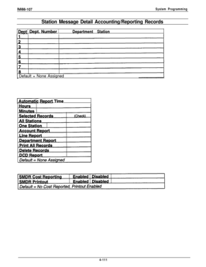 Page 208IMl66-107System Programming
Station Message Detail Accounting/Reporting Records
Dept/ Dept. Number 1.Department StationDefault = None Assigned
.
butomatlc
.
Rwo* T’me
4-111 