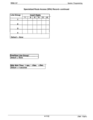 Page 211IMl66-107System ProgrammingSpecialized Route Access (SRA) Record 
- continued
4III
1 Default = None
Default 
= None
SRAWalt .Time .!7sec.13Sec.14Sec.
Default = 4 seconds
4-111c(TAB1 17~21) 