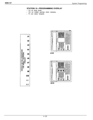 Page 221IMl66-107
System ProgrammingSTATION 10 
- PROGRAMMING OVERLAY
l Cut out along border.
l Cut out shaded openings where necessary.
l Fit over station faceplate.
IA10 )
All
Al2
8112s
4-125 