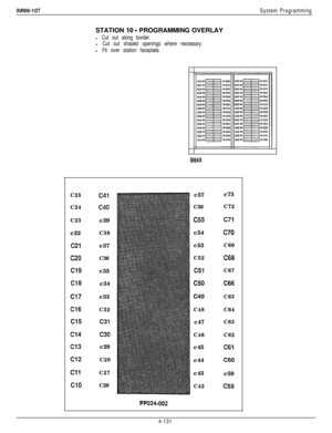 Page 224IMl66-107System ProgrammingSTATION 
10 - PROGRAMMING OVERLAY
l Cut out along border.
l Cut out shaded openings where necessary.
l Fit over station faceplate.
1864X
C25
C24
C23c22
c21
c20
Cl9
Cl8
Cl7
Cl6
Cl5
Cl4
Cl3
Cl2
Cl1
Cl0
c41
c40c39
C38c37
C36c35
c34
c33
C32
c31
c30c29
C28
C27
C26
PPO24-002c57
C56
c55c54
c53
C52
c51
c50
c49
C48c47
C46c45
c44
c43
C42c73
C72
c71
c70
C69
C68
C67
C66
C65
C64
C63
C62
C61
C60c59
C58
4-131 